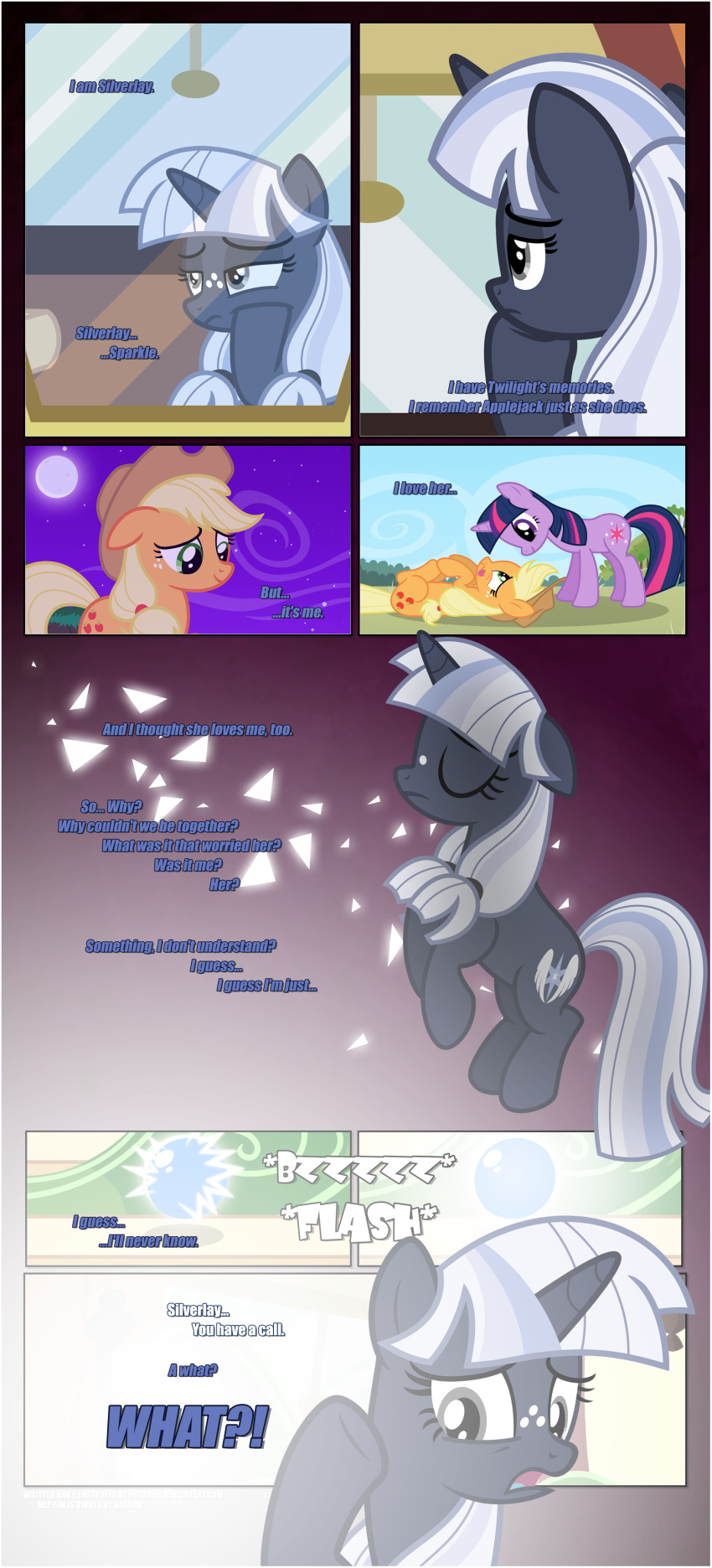 absurd_res applejack_(mlp) bangs black_border border bright_light clothing cutie_mark day day_time dialogue earth_pony emotional_damage equid equine estories eye_contact faded female feral freckles freckles_on_face friendship_is_magic full_moon glowing glowing_orb group hasbro hat headgear headwear hi_res hooves horn horse inside looking_at_another magic mammal moon my_little_pony night night_time offscreen_character orb outside pony raised_hoof sibling_(lore) silverlay_(estories) sister_(lore) sisters_(lore) train trio twilight_sparkle_(mlp) unicorn vehicle white_light