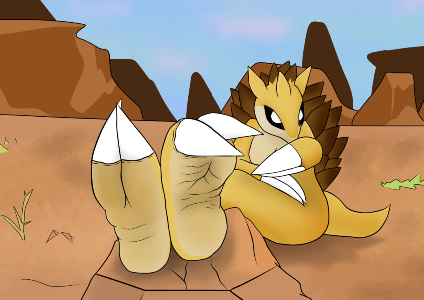 2_toes anthro claws desert feet female foot_fetish foot_focus generation_1_pokemon marcosos nintendo pokemon pokemon_(species) sandslash solo teasing toes wrinkled_feet