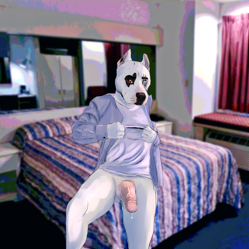 anthro bodily_fluids canid canine canis clothed clothing dogo_argentino domestic_dog dripping eye_scar facial_scar fenderr front_view genital_fluids genitals hi_res humanoid_genitalia humanoid_penis male mammal mastiff molosser partially_clothed penis precum precum_drip scar solo undressing