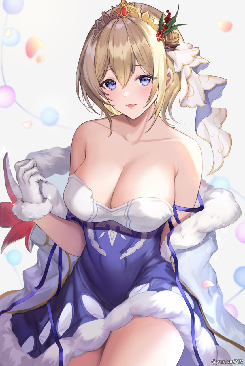 1girl bare_shoulders blonde_hair blue_dress blue_eyes blue_ribbon breasts cleavage coat collarbone dress europa_(granblue_fantasy) flower fur-trimmed_coat fur-trimmed_dress fur_trim gloves granblue_fantasy hair_flower hair_ornament highres large_breasts looking_at_viewer official_alternate_costume open_mouth orange_flower orange_rose ribbon rose short_hair simple_background smile solo strapless strapless_dress tiara twitter_username white_coat white_gloves yuntae