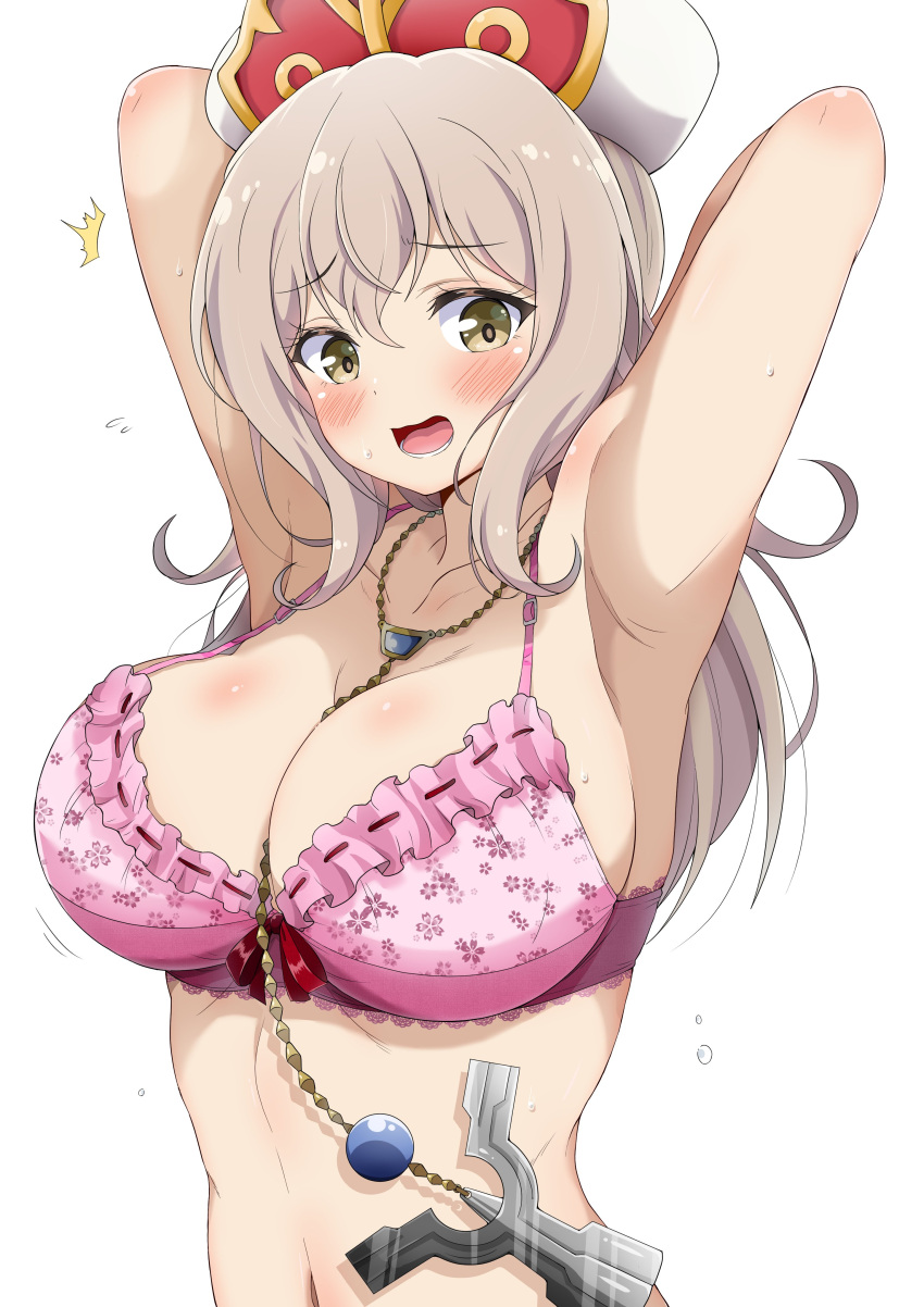1girl absurdres armpits arms_behind_head arms_up blush bouncing_breasts bra breasts commentary dot_nose eggman_(pixiv28975023) embarrassed floral_print flying_sweatdrops furrowed_brow grey_hair hat highres isekai_maou_to_shoukan_shoujo_no_dorei_majutsu long_hair looking_at_viewer lower_teeth_only lumachina_weselia motion_lines navel open_mouth pink_bra raised_eyebrows red_ribbon ribbon simple_background strap_gap teeth underwear underwear_only wavy_mouth white_background