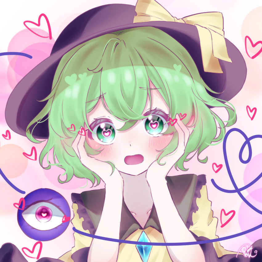 1girl 72mikan_1687 black_headwear blush bow buttons collar commentary_request crossed_bangs diamond_button double-parted_bangs eyelashes frilled_shirt_collar frills green_collar green_eyes green_hair hair_between_eyes hands_on_own_cheeks hands_on_own_face hands_up hat hat_bow heart heart-shaped_pupils highres komeiji_koishi looking_at_viewer lovestruck medium_hair open_mouth pink_background purple_eyes shirt signature simple_background solo straight-on symbol-shaped_pupils tareme third_eye touhou upper_body wavy_hair wide-eyed yellow_bow yellow_shirt