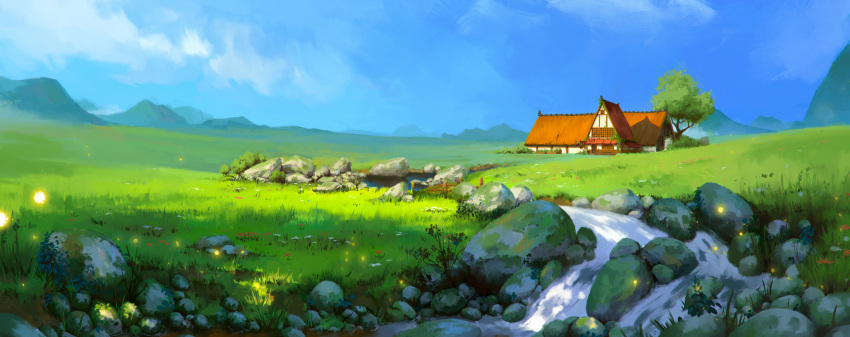 absurdres blue_sky building deshi grass highres landscape no_humans original outdoors plant scenery sky stream tree