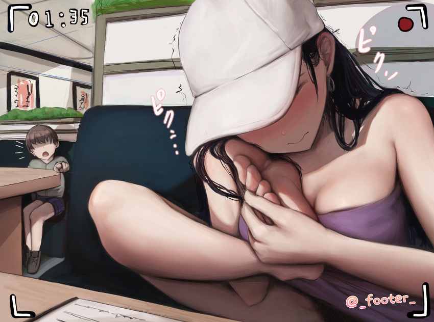 1boy 1girl absurdres bare_shoulders baseball_cap black_hair blush breasts cleavage closed_eyes dress ear_blush earrings embarrassed faceless faceless_male female_pubic_hair foot_on_own_face footer@unyaaan hat highres holding_own_foot jewelry leg_up male_child medium_breasts original pointing pointing_at_another pubic_hair purple_dress recording restaurant sitting soles strapless strapless_dress toes trembling twitter_username white_headwear