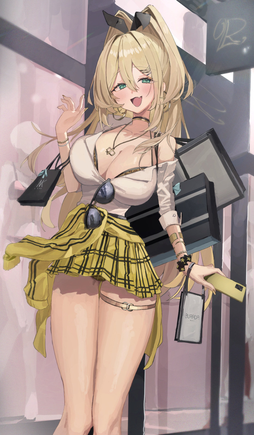 1girl animal_ears bag blonde_hair blush bra bra_peek breasts cellphone choker cleavage clothes_around_waist collarbone collared_shirt commentary_request earrings eyewear_on_clothing facing_viewer fake_animal_ears fang feet_out_of_frame goddess_of_victory:_nikke green_eyes gyaru hair_between_eyes hair_ornament hairclip hand_up highres holding holding_phone hoop_earrings jacket jacket_around_waist jewelry large_breasts long_bangs long_hair looking_ahead mia_cbx necklace off_shoulder open_mouth panties pantyshot phone pleated_skirt rabbit_ears rupee_(nikke) shirt skin_fang skirt smartphone smile solo standing underwear white_shirt yellow_jacket yellow_skirt
