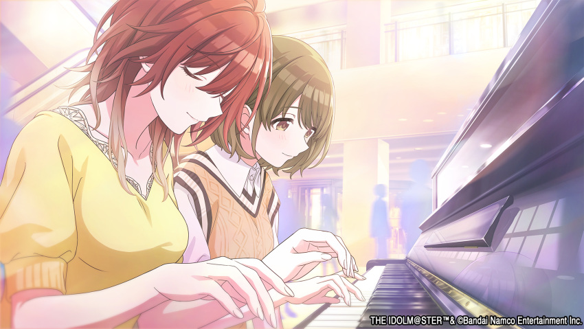 2girls aketa_mikoto blonde_hair brown_hair closed_eyes commentary_request gradient_hair green_eyes green_hair highres idolmaster idolmaster_shiny_colors instrument long_hair multicolored_hair multiple_girls music nanakusa_nichika official_art piano playing_instrument playing_piano shhis_(idolmaster) shirt short_hair short_sleeves sweater_vest upper_body v-neck yellow_shirt