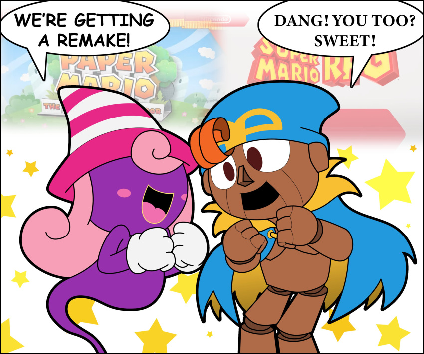 1boy 1girl absurdres blue_cape blush_stickers brown_eyes cape colored_skin covered_eyes crossover curly_hair doll_joints excited geno_(mario) ghost ghost_tail gloves hair_over_eyes happy hat highres joints long_hair mario_(series) miss_d open_mouth orange_hair paper_mario paper_mario:_the_thousand_year_door pink_hair pink_headwear pointy_hat puppet purple_skin series_connection smile starry_background striped striped_headwear super_mario_rpg vivian_(paper_mario) white_gloves witch_hat year_connection yellow_lips