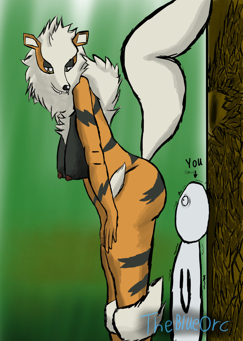 absurd_res ambiguous_gender anthro arcanine bedroom_eyes big_breasts big_butt breasts butt duo female fur generation_1_pokemon hi_res mammal narrowed_eyes nintendo orange_body orange_fur plant pokemon pokemon_(species) presenting presenting_hindquarters seductive shaking staring_at_ass tail taller_female theblueorc