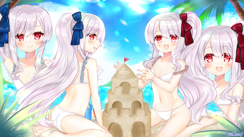 2girls :d ass bangs bikini blue_bow blue_sky blush bow breasts bucket chain_paradox character_request closed_mouth cloud cloudy_sky copyright_name day frilled_bikini frills grey_hair hair_between_eyes hair_bow highres long_hair multiple_girls navel ocean outdoors palm_tree pennant ponytail profile red_bow red_eyes sand_castle sand_sculpture shikito side_ponytail sky small_breasts smile strap_slip swimsuit tree trowel very_long_hair water white_bikini