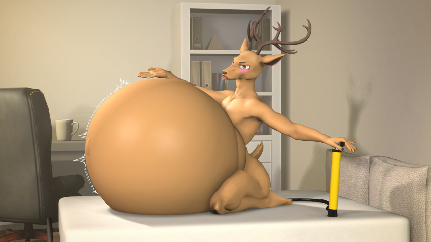 3d_(artwork) anthro balloon beastars bed belly belly_inflation bike_pump blep bloated deer digital_media_(artwork) fernkarrythewolf furniture hi_res inflatable inflation louis_(beastars) male mammal mug solo source_filmmaker tongue tongue_out