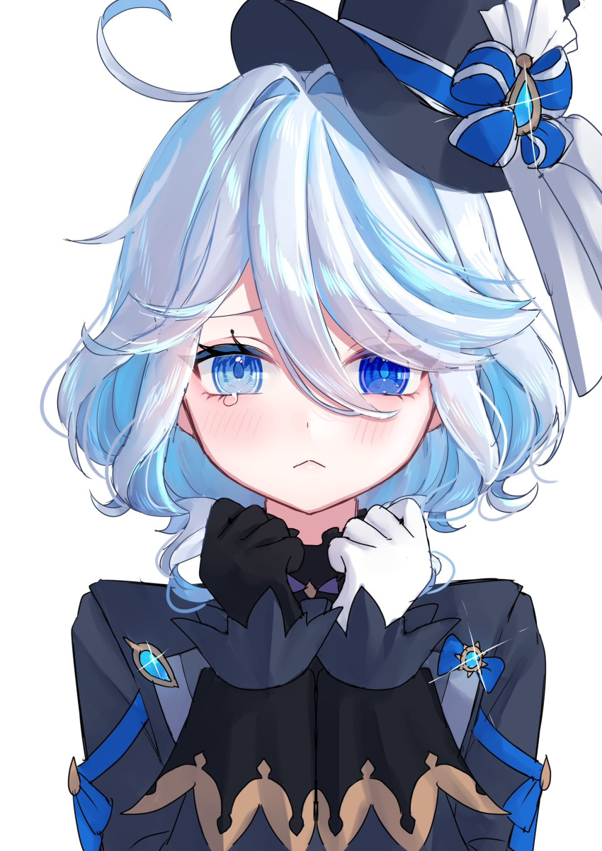 1girl ahoge asymmetrical_gloves black_gloves black_headwear black_shirt blue_bow blue_eyes blue_gemstone blue_hair blue_jacket blush bow clenched_hands closed_mouth collared_jacket drop-shaped_pupils eyelashes furina_(genshin_impact) gem genshin_impact gloves grey_hair hair_between_eyes hands_up hat hat_bow hat_ornament heterochromia highres jacket long_sleeves looking_at_viewer mismatched_pupils mochi_mochi052 multicolored_hair sad shirt short_hair simple_background solo sparkle symbol-shaped_pupils tearing_up top_hat two-tone_hair upper_body white_background white_gloves