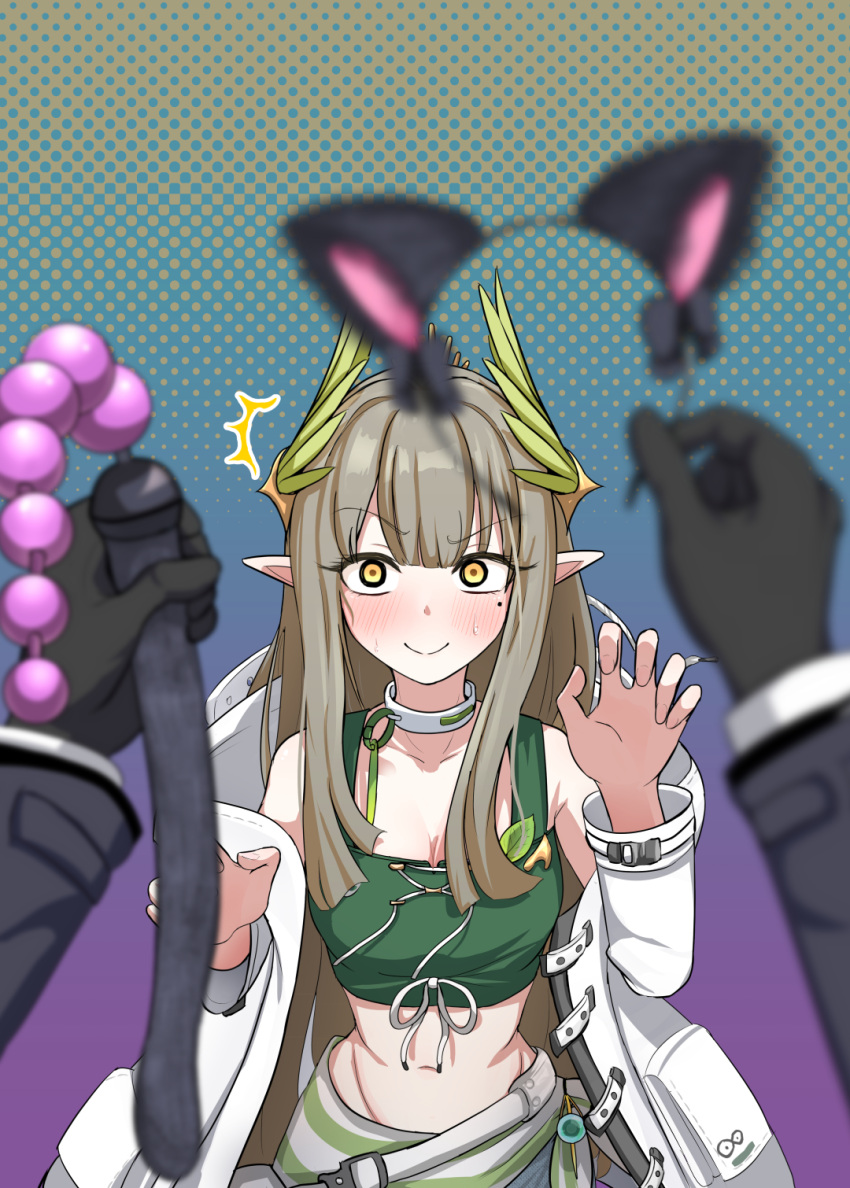 1girl 1other anal_beads anal_tail animal_ears arknights black_gloves blurry blurry_foreground blush breasts brown_hair bunsan cat_ears cleavage coat crop_top doctor_(arknights) embarrassed fake_animal_ears fake_tail gloves green_shirt highres long_hair long_sleeves medium_breasts mole mole_under_eye muelsyse_(arknights) navel nervous_smile pointy_ears pov sex_toy shirt smile standing surprised tail white_coat yellow_eyes