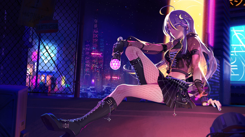 1girl 3four ahoge arm_on_knee black_footwear black_skirt black_tube_top boots building chain chain-link_fence city cityscape crescent crescent_hair_ornament cross-laced_clothes cyberpunk fence fingerless_gloves fishnet_pantyhose fishnets gloves hair_ornament highleg highleg_panties highres holding holding_microphone hololive hololive_indonesia jacket knee_up long_hair looking_at_viewer microphone moona_hoshinova moona_hoshinova_(4th_costume) multicolored_nails nail_polish night panties pantyhose purple_eyes purple_hair purple_jacket see-through see-through_jacket sitting skirt skyscraper solo star_(symbol) star_hair_ornament strapless tube_top underwear virtual_youtuber