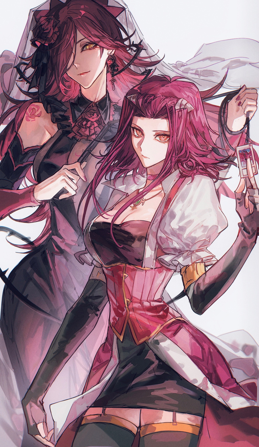 2girls absurdres bare_shoulders black_dress black_gloves breasts choker cleavage closed_mouth collarbone dress earrings elbow_gloves flower gloves hair_flower hair_ornament hair_over_one_eye highres holding izayoi_aki jewelry large_breasts long_hair long_sleeves looking_at_viewer medium_breasts multiple_girls naoki_(2rzmcaizerails6) pantyhose puffy_sleeves red_hair rose shirt short_hair simple_background thighhighs very_long_hair white_background yellow_eyes yu-gi-oh! yu-gi-oh!_5d's