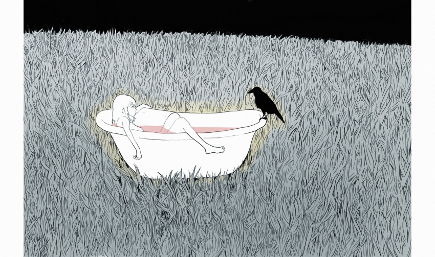 1girl barefoot bathing bathtub bird black_background breasts closed_mouth commentary crow grass highres kgeroua long_hair nipples nude original pink_liquid profile small_breasts solo symbol-only_commentary