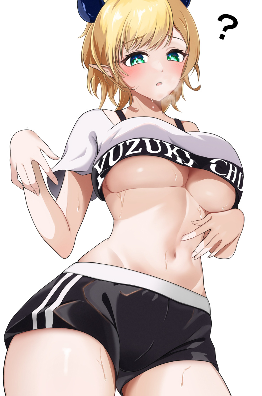 1girl ? absurdres alternate_costume black_horns black_shorts blonde_hair blush breasts contrapposto cowboy_shot cropped_shirt demon_horns green_eyes heavy_breathing highres hololive horns large_breasts looking_at_viewer navel open_mouth oz1n pointy_ears shirt short_hair short_shorts short_sleeves shorts simple_background solo sweat thick_thighs thighs underboob white_background white_shirt yuzuki_choco