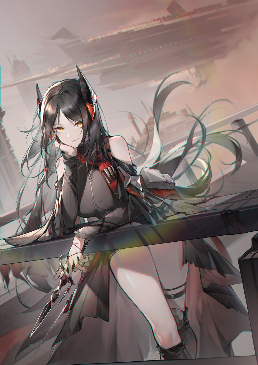 1girl absurdres aircraft airship arknights bag bare_shoulders black_dress black_footwear black_hair black_nails black_sleeves boots breasts cityscape clothing_cutout demon_horns dress fingernails grey_cloak highres holding holding_knife holding_weapon horns ines_(arknights) jacket knee_pads knife leaning_forward long_hair long_sleeves looking_at_viewer medium_breasts parted_bangs red_ribbon ribbon shoulder_bag shoulder_cutout single_knee_pad sky sleeveless sleeveless_turtleneck solo standing thigh_strap thighs turtleneck vuvkhkgi weapon yellow_eyes zipper