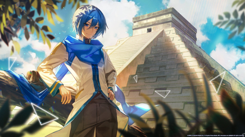 1boy blue_eyes blue_hair blue_scarf chichen_itza closed_mouth cloud commentary cowboy_shot daniel_deng english_commentary hair_between_eyes hand_on_own_hip headset highres kaito_(vocaloid) leaf log long_sleeves looking_at_viewer male_focus outdoors project_sekai scarf short_hair solo vocaloid