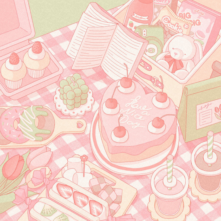 bag blanket book bottle bouquet bow box cake camera checkerboard_cookie cherry commentary cookie cup disposable_cup doughnut drink drinking_straw flower food food_request fruit fruit_sandwich grass heart-shaped_cake highres kiwi_(fruit) kiwi_slice marshmallow nekomaru0817 no_humans open_book original picnic pink_bow pink_flower plate red_flower strawberry stuffed_animal stuffed_rabbit stuffed_toy symbol-only_commentary toothpick tray tulip yellow_flower