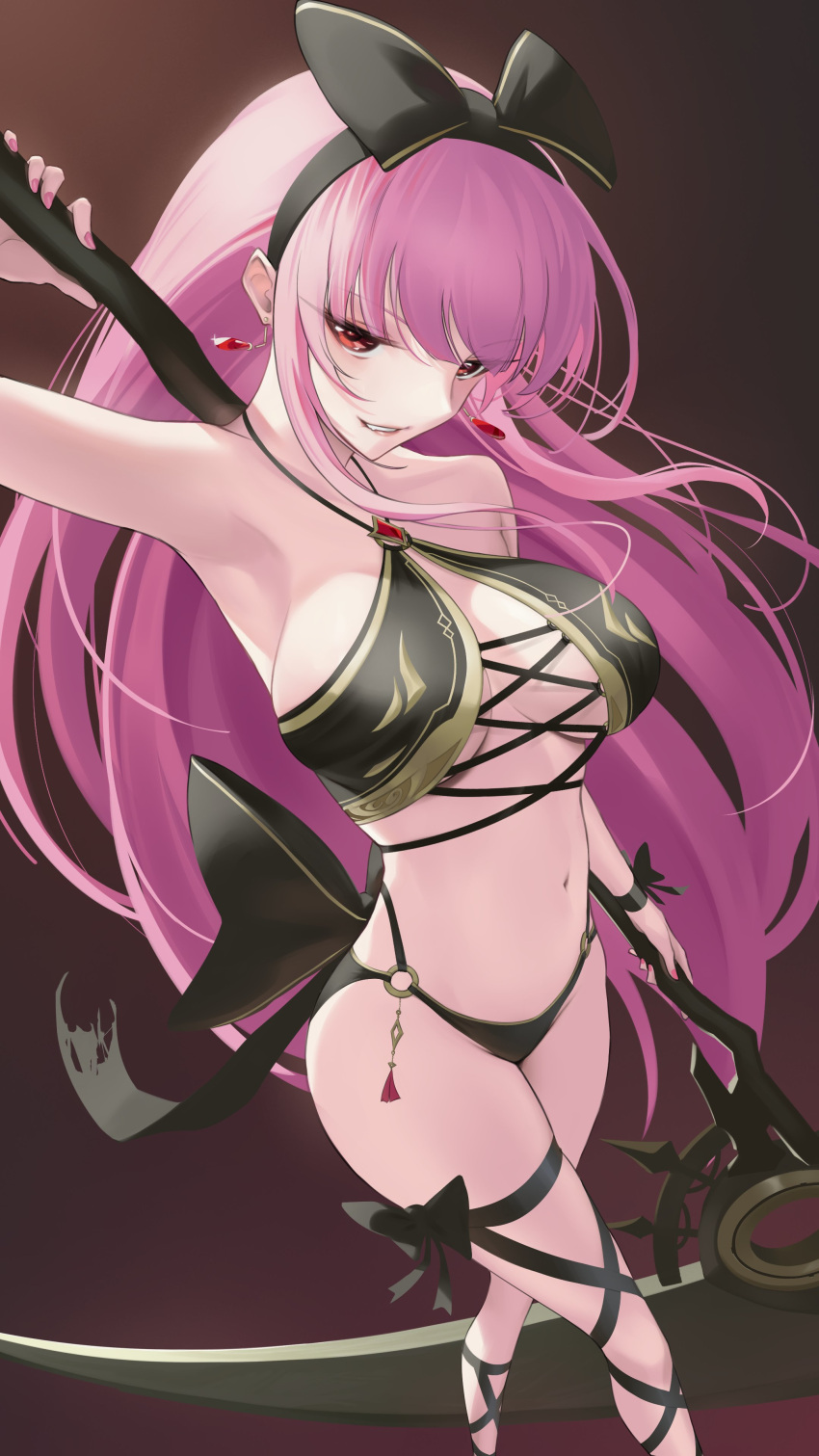 1girl absurdres armpits bikini biting black_bikini black_bow black_hairband blunt_bangs bow breasts center_opening crossed_legs earrings hairband highres holding holding_scythe hololive hololive_english jewelry large_breasts lip_biting long_hair looking_at_viewer mori_calliope navel perspective pink_hair pink_nails red_eyes scythe sidelocks simple_background somebody_(leiking00) swimsuit virtual_youtuber watson_cross weapon_behind_back