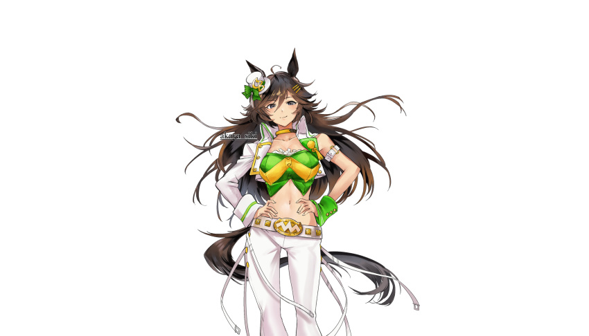 1girl absurdres ahoge akaya_shiki animal_ears arm_belt armband artist_name asymmetrical_sleeves bandeau belt belt_buckle blush breasts brown_hair buckle choker closed_mouth commentary_request feet_out_of_frame green_bandeau grey_eyes hair_ornament hairclip hat highres horse_ears horse_girl horse_tail large_breasts long_hair looking_at_viewer midriff mini_hat mini_top_hat mr._c.b._(umamusume) navel pants simple_background single_bare_shoulder smile solo tail tilted_headwear top_hat umamusume white_armband white_background white_belt white_pants wrist_cuffs