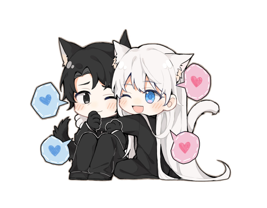 1boy 1girl angelica_(library_of_ruina) animal_ears black_eyes black_gloves black_hair blush cat_ears cat_girl cat_tail dog_boy dog_ears dog_tail gloves heart hetero highres hug husband_and_wife knees_up library_of_ruina one_eye_closed open_mouth project_moon roland_(library_of_ruina) simple_background sitting smile speech_bubble spoken_heart tail uncleko5 white_background