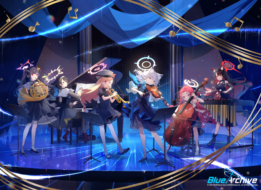 6+girls animal_ear_fluff animal_ears beamed_eighth_notes black_dress black_footwear black_hair black_horns blonde_hair blue_archive blue_eyes blue_halo collarbone colored_inner_hair double_bass dress eighth_note english_commentary fox_ears french_horn fuuka_(blue_archive) grand_piano grey_hair habit halo hat high_heels highres hinata_(blue_archive) holding holding_instrument horn_(instrument) horns instrument long_hair multicolored_hair multiple_girls music musical_note nodoka_(blue_archive) nun nuudoru official_art orchestra peaked_cap piano playing_instrument puffy_short_sleeves puffy_sleeves red_eyes red_hair red_halo shiroko_(blue_archive) short_sleeves treble_clef trumpet twintails violin wakamo_(blue_archive) wolf_ears xylophone yellow_eyes yellow_halo yuzu_(blue_archive)