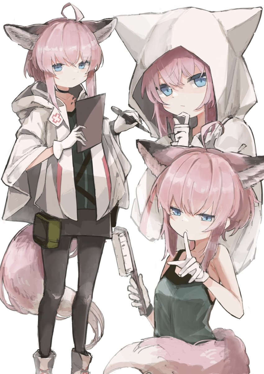 1girl ahoge animal_ear_fluff animal_ears arknights belt_pouch black_bracelet black_pantyhose blue_eyes breasts clipboard commentary cross feet_out_of_frame fox_ears fox_girl fox_tail gloves green_tank_top highres holding holding_brush holding_clipboard holding_pen hood hood_up hooded_jacket jacket looking_at_viewer multiple_views pantyhose pen pink_hair pouch red_cross short_hair sidelocks simple_background small_breasts sussurro_(arknights) tail tank_top tsuyukusa_(tuyukusa_aaa) white_background white_gloves white_jacket