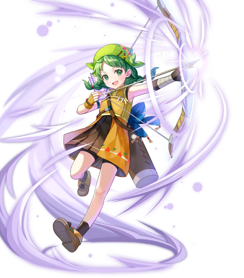 1girl armpits arrow_(projectile) bandana bare_shoulders bow_(weapon) braid child fingerless_gloves fire_emblem fire_emblem:_the_blazing_blade fire_emblem_heroes full_body gloves green_eyes highres holding holding_bow_(weapon) holding_weapon leg_up looking_away non-web_source official_art open_mouth pleated_skirt quiver rebecca_(fire_emblem) ringozaka_marikofire_emblem shoes shorts skirt sleeveless smile socks solo teeth transparent_background twin_braids twintails upper_teeth_only weapon