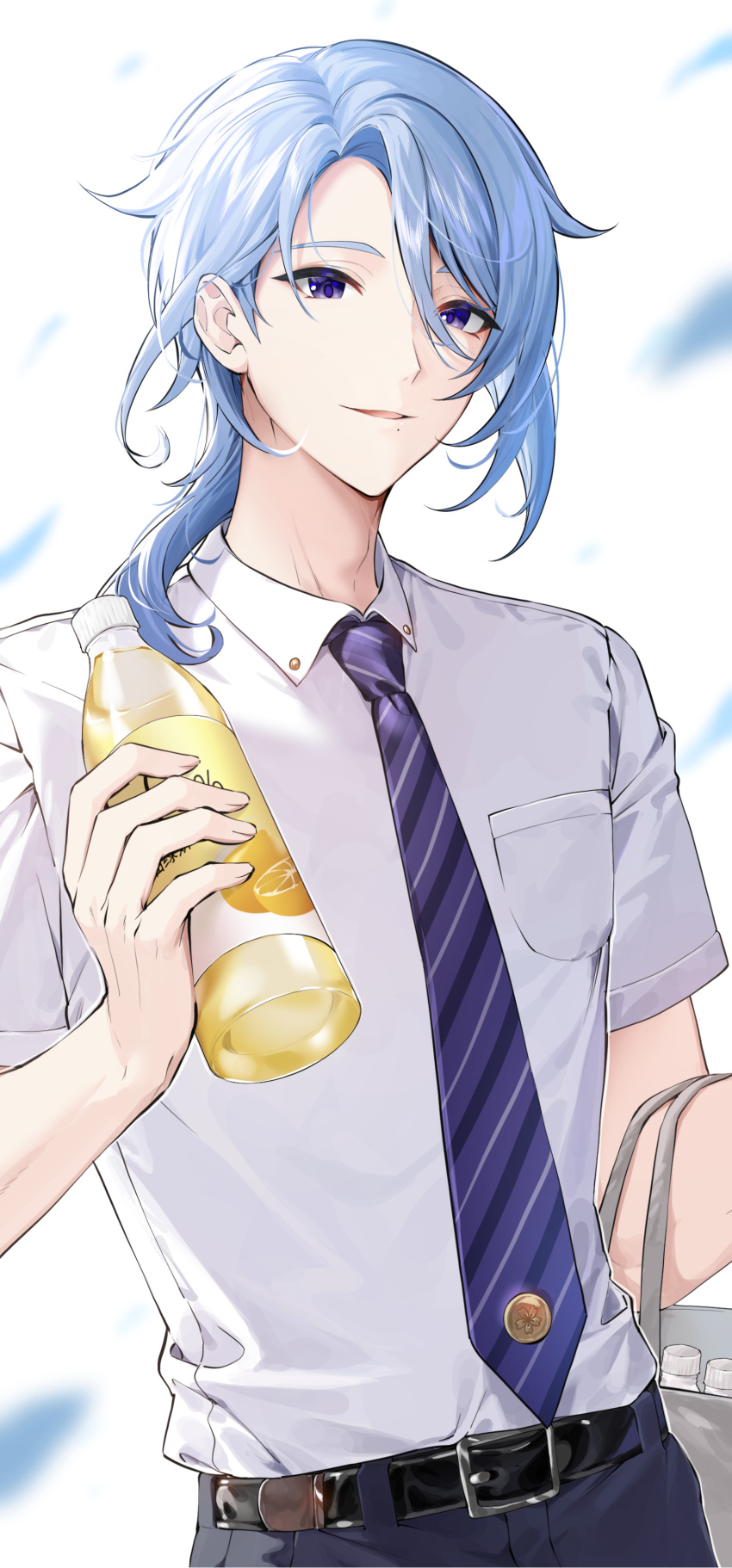 1boy absurdres bag belt blue_hair blue_necktie blue_pants bottle food fruit genshin_impact grey_bag hair_between_eyes highres holding holding_bag holding_bottle juice kamisato_ayato kamisato_ayato_(heytea) kkopoli lemon male_focus mole mole_under_mouth necktie open_mouth pants purple_eyes shirt short_hair smile solo striped_necktie white_shirt