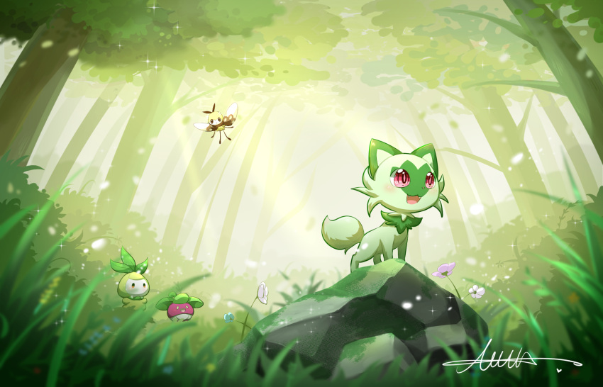 :3 :d artist_name bloom blue_flower blurry blurry_foreground blush bounsweet bush commentary_request day fangs flower flying forest grass highres light_particles light_rays moss moxa_ryu nature no_humans open_mouth outdoors petilil pink_flower pokemon pokemon_(creature) red_eyes ribombee rock scenery signature smile sparkle sprigatito sunbeam sunlight tree white_flower