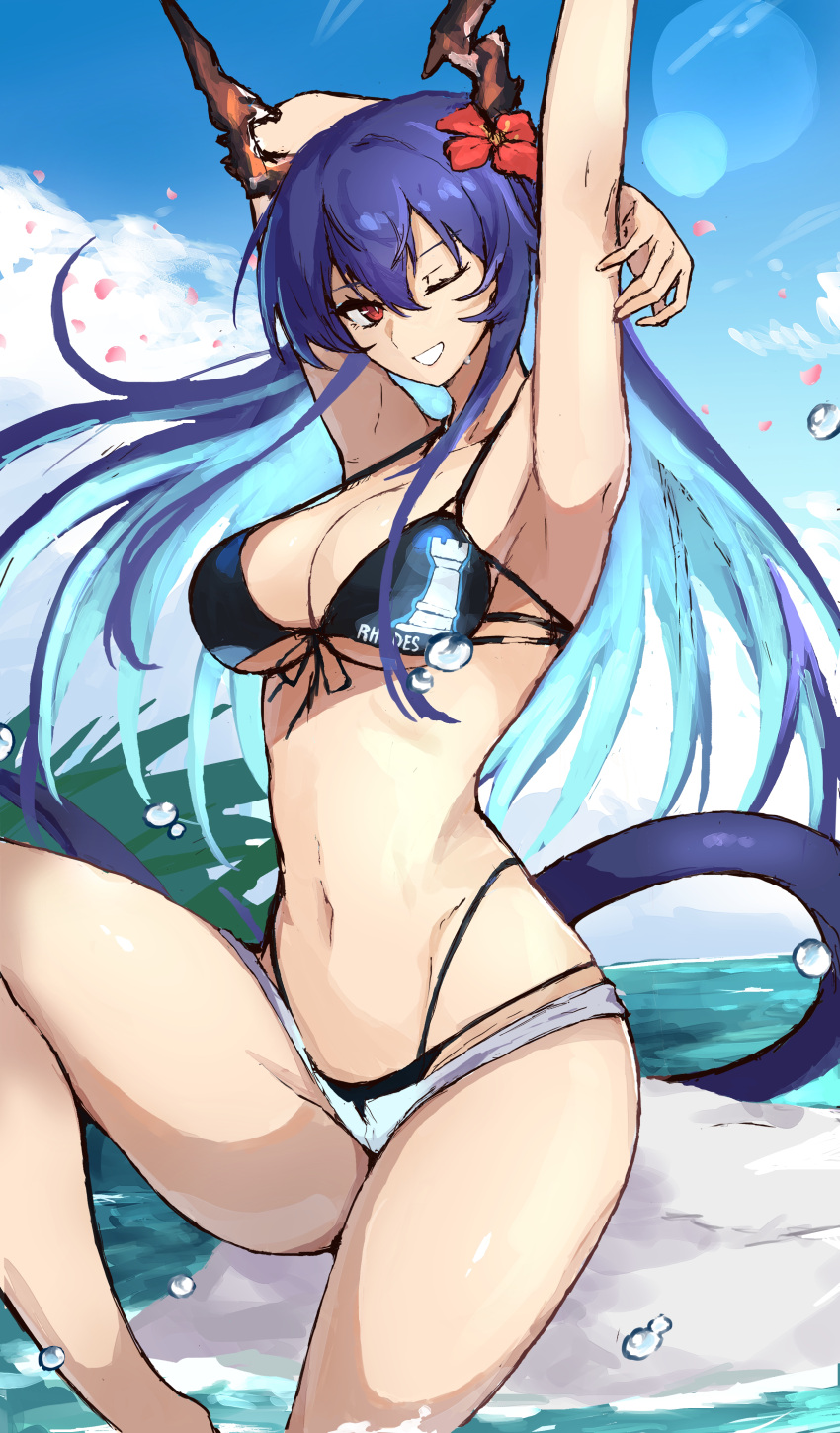 1girl absurdres arknights armpits arms_behind_back arms_up bare_shoulders bikini black_bikini breasts ch'en_(arknights) ch'en_the_holungday_(arknights) commentary_request day dragon_girl dragon_horns dragon_tail feet_out_of_frame flower hair_flower hair_ornament highres horns large_breasts long_hair looking_at_viewer multi-strapped_bikini mutumijoruri navel ocean one_eye_closed open_mouth outdoors purple_hair red_eyes sitting sky smile solo stomach swimsuit tail teeth thighs underboob water
