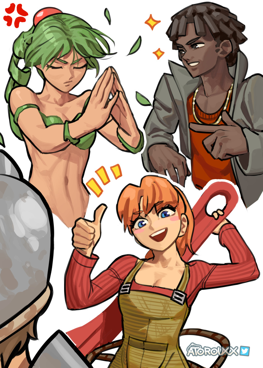 2boys 2girls :d absurdres anger_vein arms_dealer_(terraria) artist_name atoroux blush_stickers brown_hair closed_eyes dark-skinned_male dark_skin dryad_(terraria) green_hair highres jacket jewelry mechanic_(terraria) multiple_boys multiple_girls necklace orange_hair overalls red_shirt shirt simple_background smile smirk steepled_fingers terraria