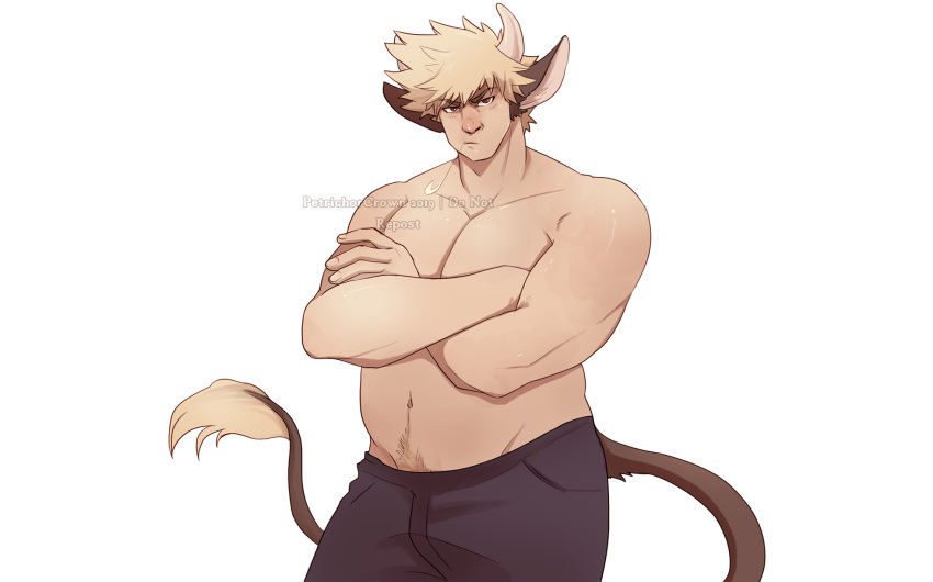1boy alternate_muscle_size animal_ears bakugou_katsuki bara belly boku_no_hero_academia cow_boy cow_ears cow_tail crossed_arms feet_out_of_frame frown highres kemonomimi_mode large_pectorals looking_at_viewer male_focus muscular muscular_male navel navel_hair pants pectorals petrichorcrown short_hair solo spiked_hair stomach strongman_waist tail thick_eyebrows topless_male