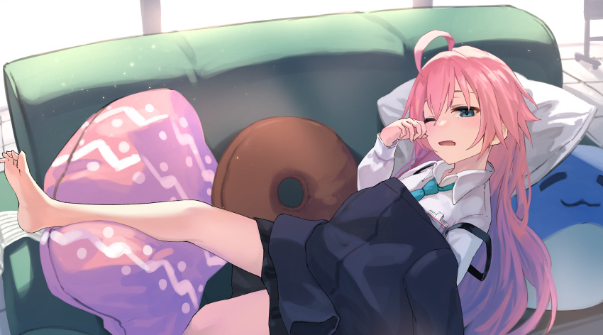 absurdres ahoge barefoot black_skirt blue_archive blue_eyes blue_necktie clothes_blanket collared_shirt couch fang halo highres hoshino_(blue_archive) id_card indoors kuro_shiraga long_hair looking_at_viewer lying necktie on_back one_eye_closed open_mouth pillow pink_hair rubbing_eyes shirt skin_fang skirt white_shirt