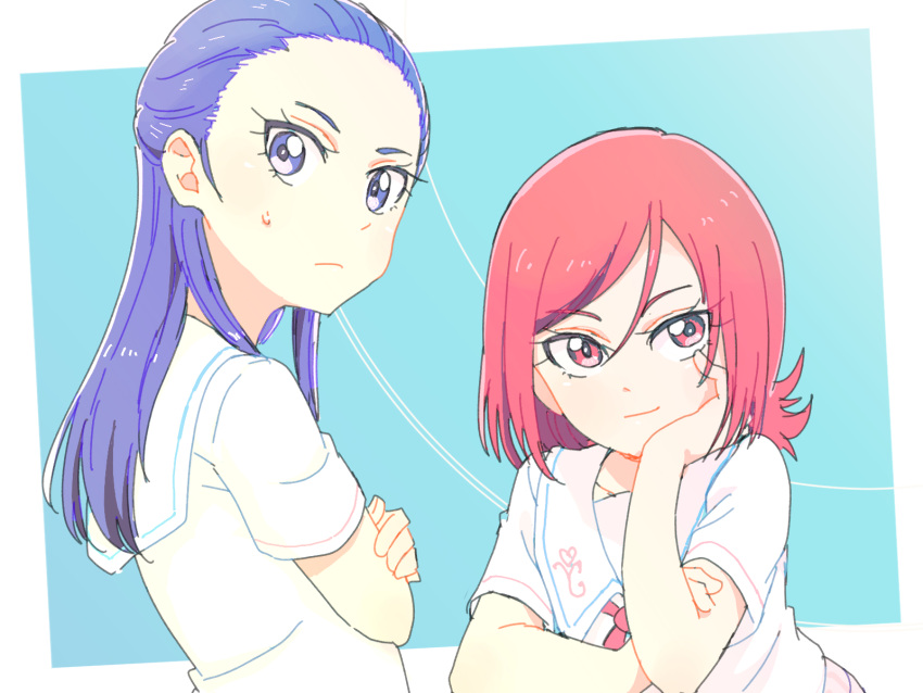 2girls azuma_yukihiko blue_background blue_eyes blue_hair commentary_request eyelashes futari_wa_precure_splash_star highres kiryuu_kaoru kiryuu_michiru long_hair looking_at_viewer multiple_girls precure red_eyes red_hair school_uniform serious shirt short_hair smile standing white_shirt