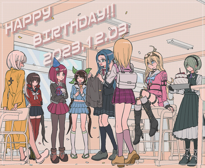 6+girls :d :o ahoge akamatsu_kaede alternate_headwear antenna_hair backpack bag birthday black_choker black_dress black_skirt blonde_hair blue_eyes blue_hair blunt_bangs boots breasts brown_hair brown_pantyhose cake chabashira_tenko chair choker classroom closed_eyes confetti danganronpa_(series) danganronpa_v3:_killing_harmony dated dress food gem_hair_ornament gift glasses goggles goggles_on_head grey_hair hair_ornament hair_over_one_eye hair_scrunchie happy happy_birthday harukawa_maki hat high_heel_boots high_heels holding holding_clothes holding_gift indoors iruma_miu jacket knee_boots kneehighs layered_skirt long_hair low_twintails maid maid_headdress medium_breasts medium_hair miniskirt multiple_girls neck_ribbon open_mouth orange_jacket pantyhose party_hat pink_shirt red_eyes red_hair red_scrunchie red_skirt red_thighhighs ribbon sailor_collar school_uniform scrunchie shirogane_tsumugi shirt shoes short_hair sitting skirt smile socks thighhighs tojo_kirumi twintails white_socks window xiao_(grsnss25) yonaga_angie yumeno_himiko