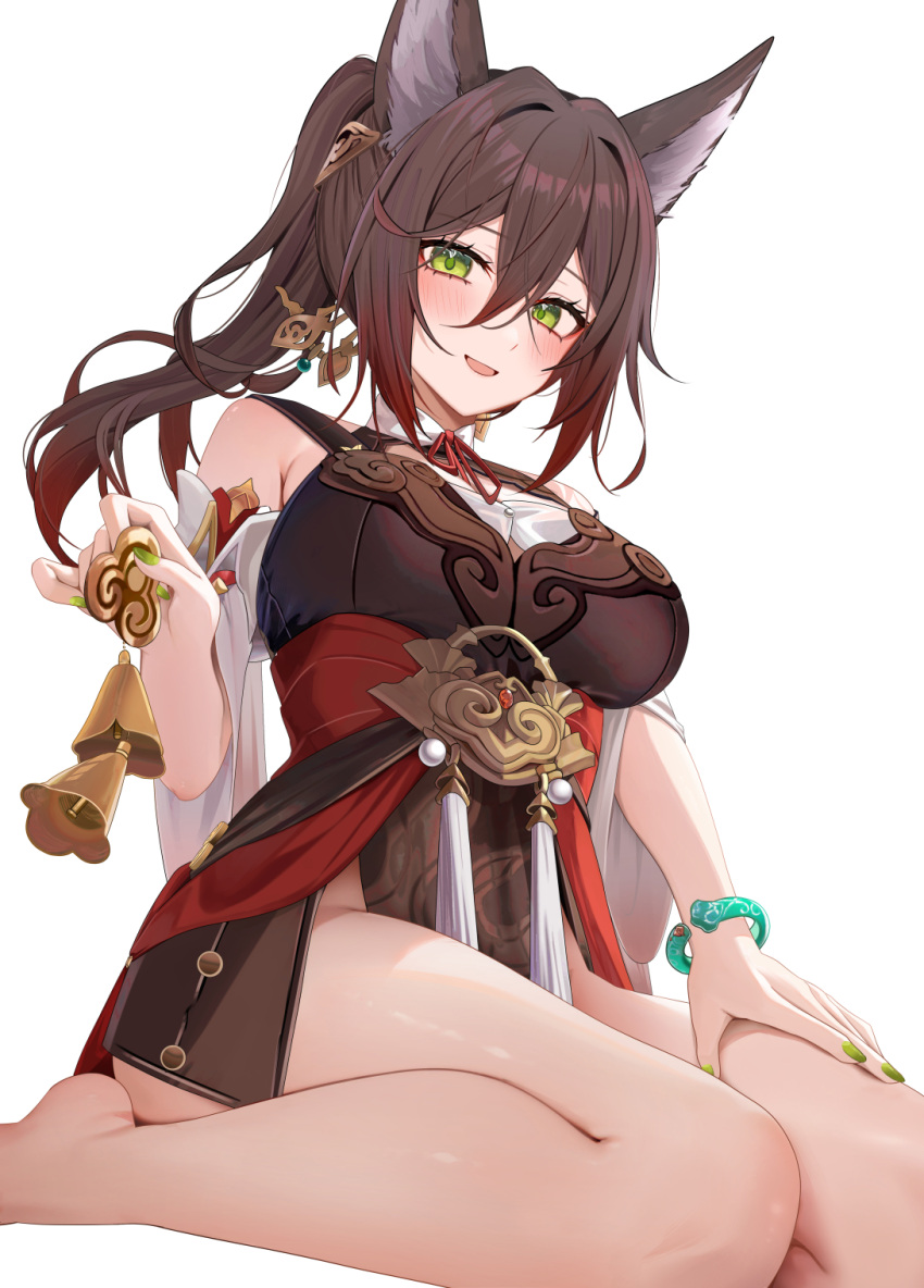 1girl animal_ears bare_legs bare_shoulders barefoot bracelet breasts brown_hair chinese_commentary commentary_request fox_ears fox_girl gradient_background green_eyes green_nails hair_between_eyes hair_ornament highres holding honkai:_star_rail honkai_(series) jewelry kneeling large_breasts long_hair looking_at_viewer nail_polish no_tail open_mouth ponytail red_hair ru_zhai simple_background smile thighs tingyun_(honkai:_star_rail) white_background