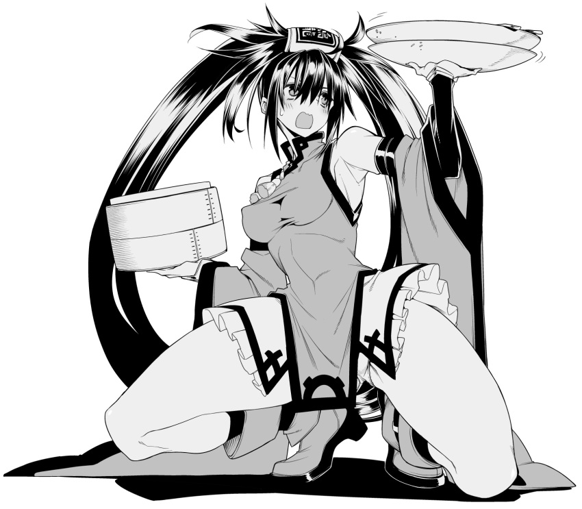 10mo 1girl armpits bare_shoulders blush breasts china_dress chinese_clothes covered_navel covered_nipples detached_sleeves dress frilled_skirt frills greyscale guilty_gear guilty_gear_x guilty_gear_xx hair_between_eyes high_heels highres kneeling kuradoberi_jam long_hair medium_breasts monochrome open_mouth pelvic_curtain plate sidelocks simple_background skin_tight skirt solo squatting thick_thighs thighs tight_clothes tiptoes tray white_background wide_sleeves