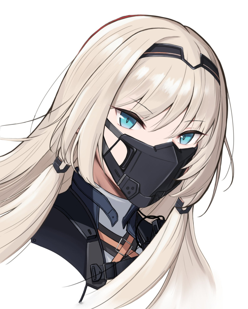 1girl an-94_(girls'_frontline) black_mask blonde_hair blue_eyes citrus7763 commentary cropped_shoulders girls'_frontline hairband highres looking_at_viewer looking_to_the_side mask simple_background solo white_background