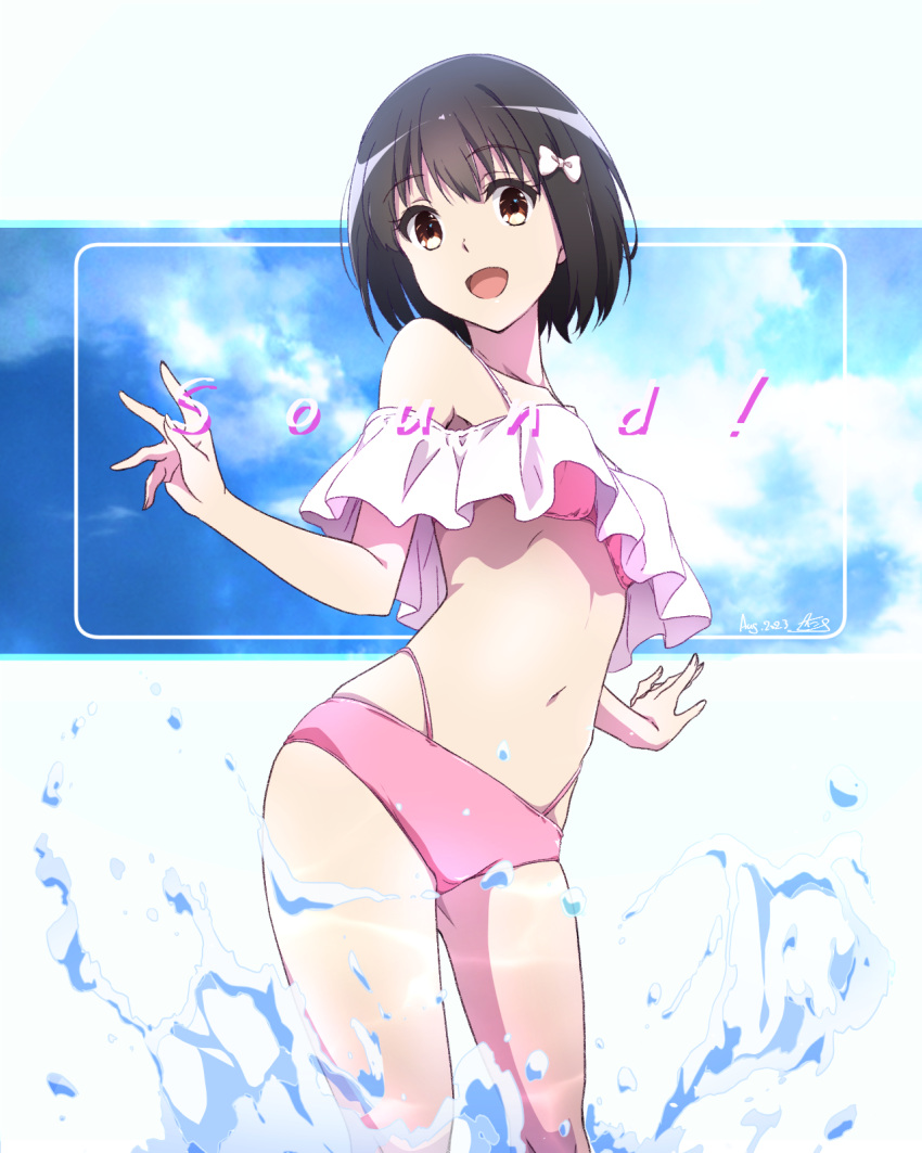 1girl :d bikini black_hair bow breasts commentary_request gekijouban_hibike!_euphonium hair_bow hibike!_euphonium highres hisaishi_kanade looking_at_viewer medium_breasts navel nii_manabu open_mouth pink_bikini short_hair smile solo standing swimsuit water white_bow yellow_eyes