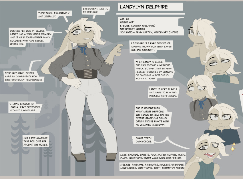 2023 anthro biped blonde_hair bodily_fluids bottomwear breasts buckteeth cheek_tuft clothed clothing english_text facial_tuft female fur grey_eyes hair hand_on_hip hi_res lagomorph landylyn_(yitexity) leporid long_ears looking_at_viewer mammal model_sheet one_glove pants rabbit shirt sleeveless_shirt solo sparkles standing sweat sweatdrop teeth text topwear tuft white_body white_fur yitexity