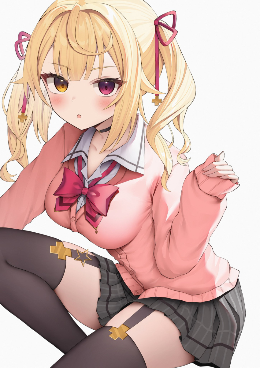 1girl black_choker black_thighhighs blonde_hair blush bow bowtie breasts cardigan choker collarbone grey_skirt hair_ornament hair_ribbon heterochromia highres hoshikawa_sara hoshikawa_sara_(4th_costume) koba_(kobako42) large_breasts long_hair long_sleeves looking_at_viewer nijisanji official_alternate_costume open_mouth pink_cardigan plaid plaid_skirt red_bow red_bowtie red_eyes red_ribbon ribbon school_uniform shirt skirt solo thighhighs thighs twintails virtual_youtuber white_background white_shirt