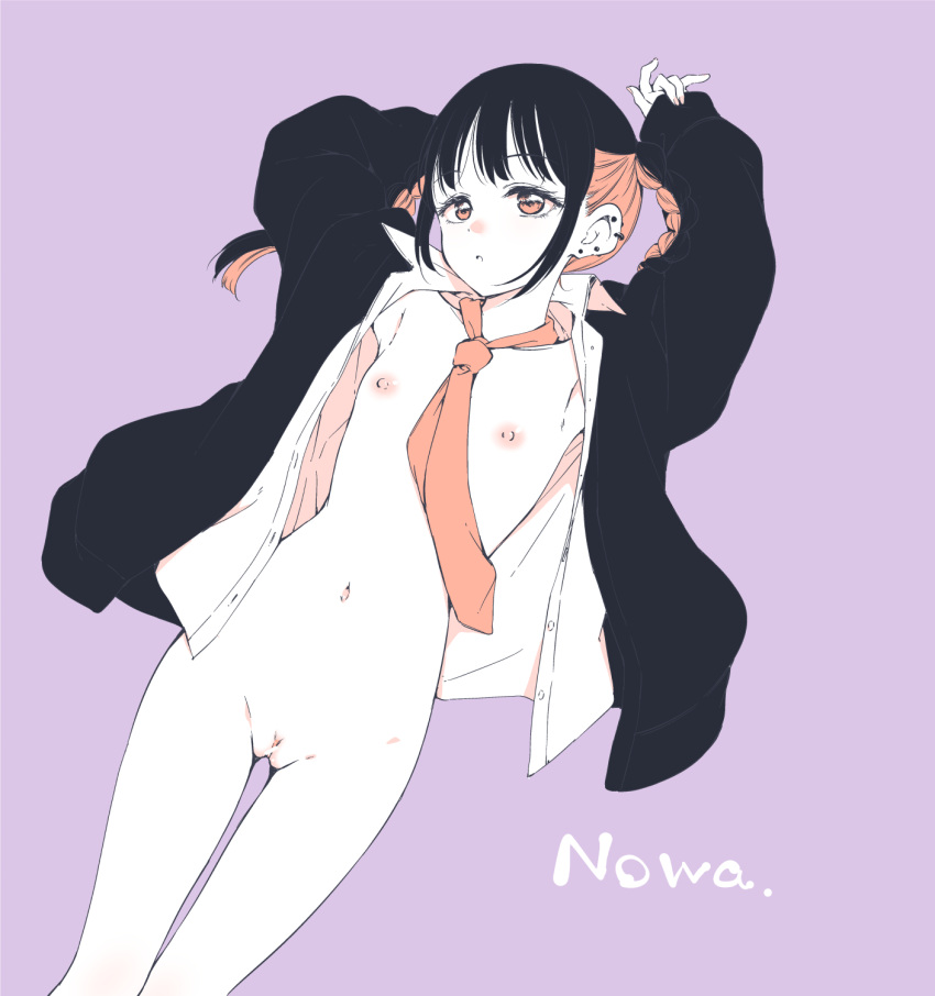 1girl armpits arms_up bar_censor black_cardigan black_hair braid breasts buttons cardigan censored character_name character_request collared_shirt copyright_request cowboy_shot dress_shirt ear_piercing earrings flat_chest hamao highres jewelry long_hair long_sleeves looking_at_viewer multicolored_hair navel necktie nipples open_cardigan open_clothes open_mouth open_shirt orange_eyes orange_hair orange_necktie piercing pointless_censoring purple_background pussy shirt sidelocks simple_background single_earring solo stomach twin_braids white_shirt