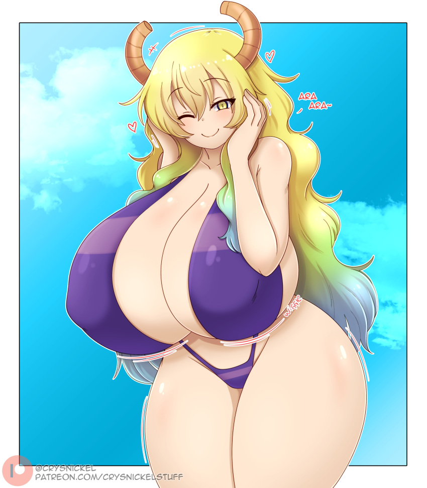 &lt;3 absurd_res animal_humanoid ara_ara big_breasts bikini blonde_hair blue_background blue_hair breasts clothing cloud collarbone crysnickel curved_horn curvy_figure dot_nose dragon dragon_humanoid eyelashes female glistening glistening_body glistening_skin gradient_hair green_hair hair hand_on_face hi_res horn horned_humanoid huge_breasts humanoid kobayashi-san_chi_no_maidragon miss_kobayashi's_dragon_maid motion_lines purple_bikini purple_clothing purple_swimwear quetzalcoatl_(dragon_maid) simple_background sky smile solo standing swimwear thick_thighs voluptuous w_arms wide_hips yellow_eyes