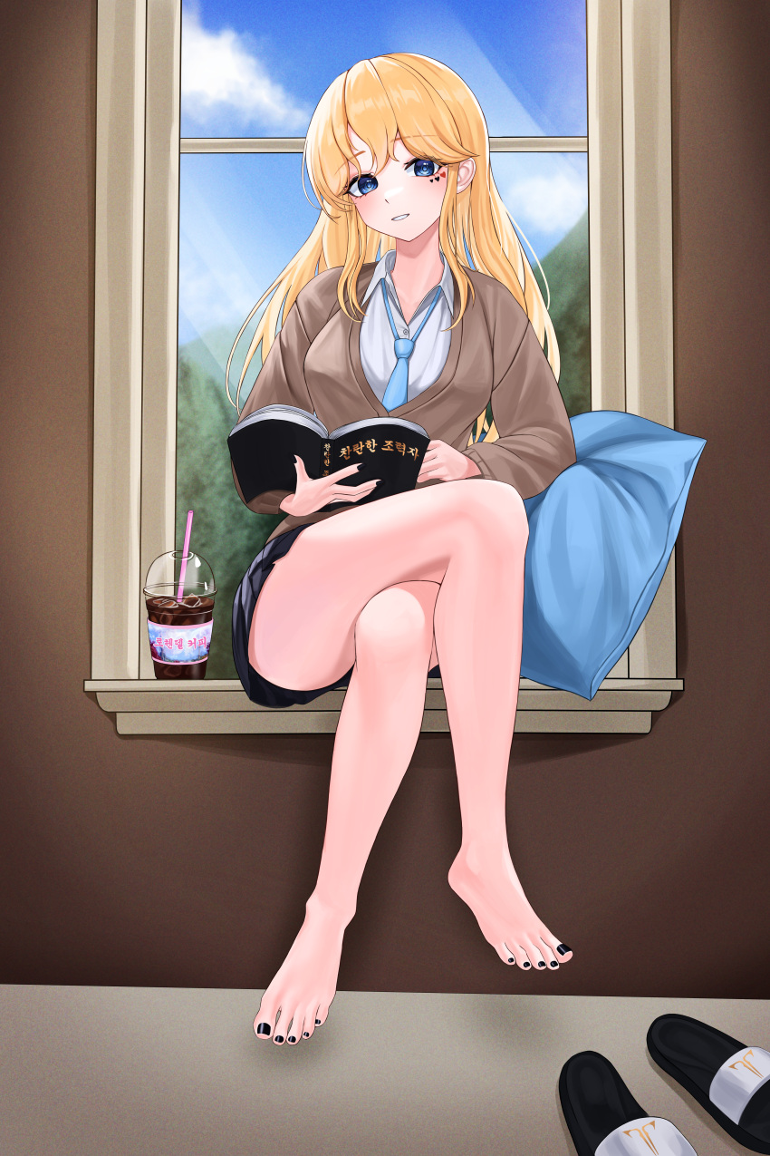 1girl absurdres bare_legs barefoot blonde_hair blue_eyes blue_necktie blue_sky cardigan commentary cup day disposable_cup drinking_straw grey_cardigan highres indoors long_hair looking_at_viewer nail_polish necktie nyanbutter original parted_lips sitting sky solo thighs toenail_polish toenails window