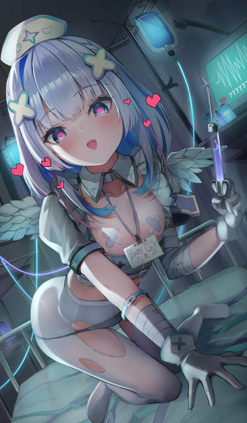 1girl absurdres all_fours amane_kanata angel_wings bandaged_arm bandages bandaid bandaids_on_nipples blue_eyes blue_hair blush cardiogram collar colored_inner_hair commentary_request detached_collar dress feathered_wings gloves grey_hair hair_ornament hat heart heart-shaped_pupils highres holding holding_syringe hololive id_card indoors intravenous_drip lanyard looking_at_viewer medium_hair mini_wings multicolored_hair nishiro_hato no_shoes nurse nurse_cap open_mouth panties pantyhose pasties pink_hair short_sleeves sidelocks single_hair_intake solo streaked_hair symbol-shaped_pupils syringe torn_clothes torn_pantyhose underwear virtual_youtuber white_collar white_dress white_gloves white_headwear white_pantyhose white_wings wings x_hair_ornament yandere