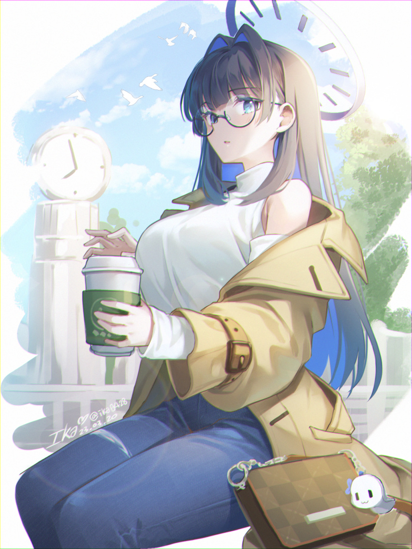 1girl bag blue_eyes blue_hair breasts brown_coat clock coat cup dated denim disposable_cup glasses hair_intakes halo handbag highres hololive hololive_english ika_(4801055) jeans large_breasts long_hair ouro_kronii pants signature sitting virtual_youtuber