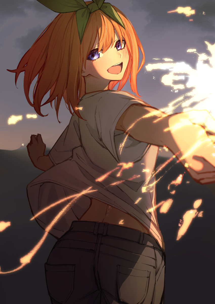 1girl :d absurdres blue_eyes blush casual commentary cowboy_shot double-parted_bangs dusk eyebrows_hidden_by_hair eyelashes fireworks floating_clothes floating_hair foreshortening from_behind go-toubun_no_hanayome green_ribbon grey_background grey_pants hair_between_eyes hair_ribbon head_tilt highres holding_fireworks looking_at_viewer looking_back medium_hair nakano_yotsuba open_mouth orange_hair outdoors outstretched_arms pants ribbon round_teeth shirt short_sleeves smile solo sparks standing straight_hair tamago_sando teeth upper_teeth_only white_shirt