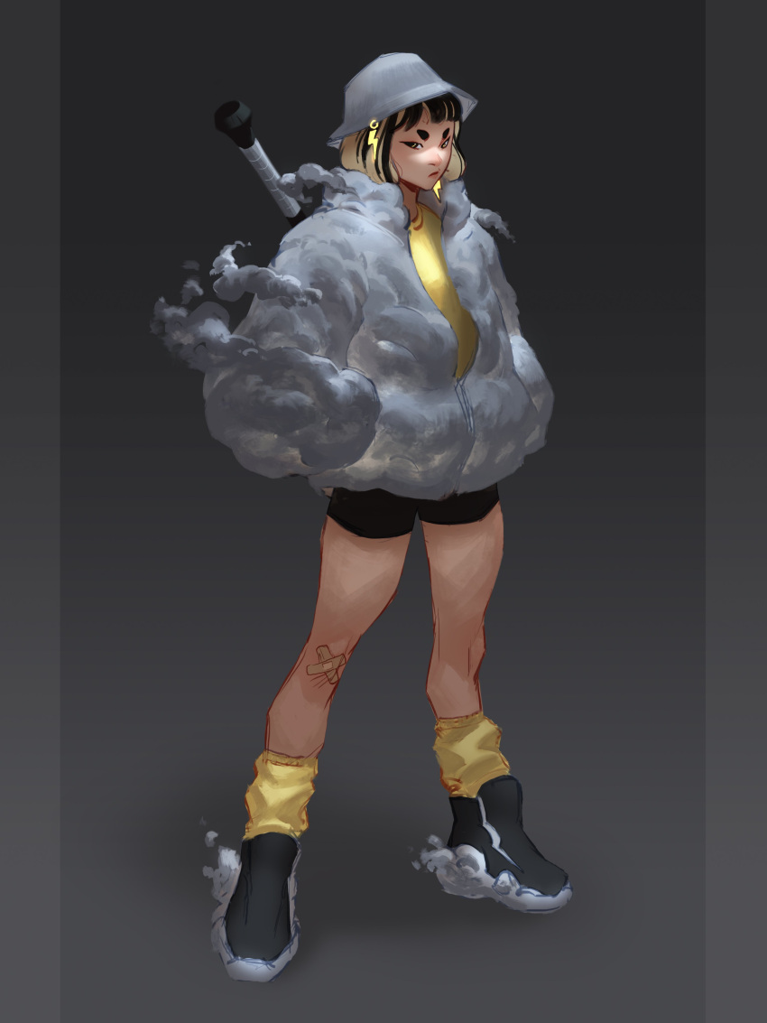 absurdres bandaid bandaid_on_knee bandaid_on_leg black_hair black_shorts cloud club_(weapon) hands_in_pockets highres jacket jeremy_anninos original shirt shorts socks spiked_club thunder weapon white_headwear yellow_shirt yellow_socks